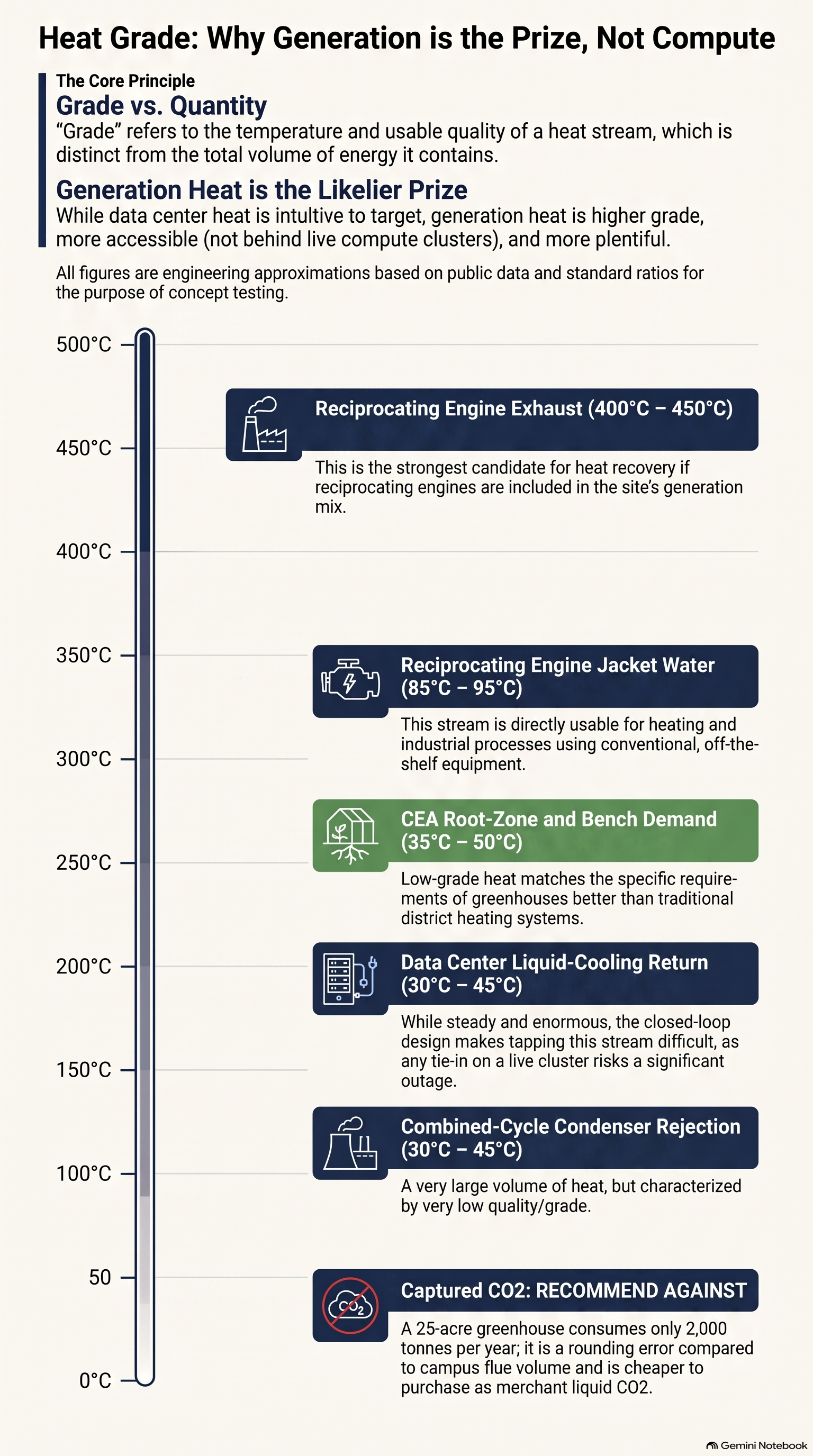 Heat-grade comparison from high-grade generation heat to lower-grade campus streams