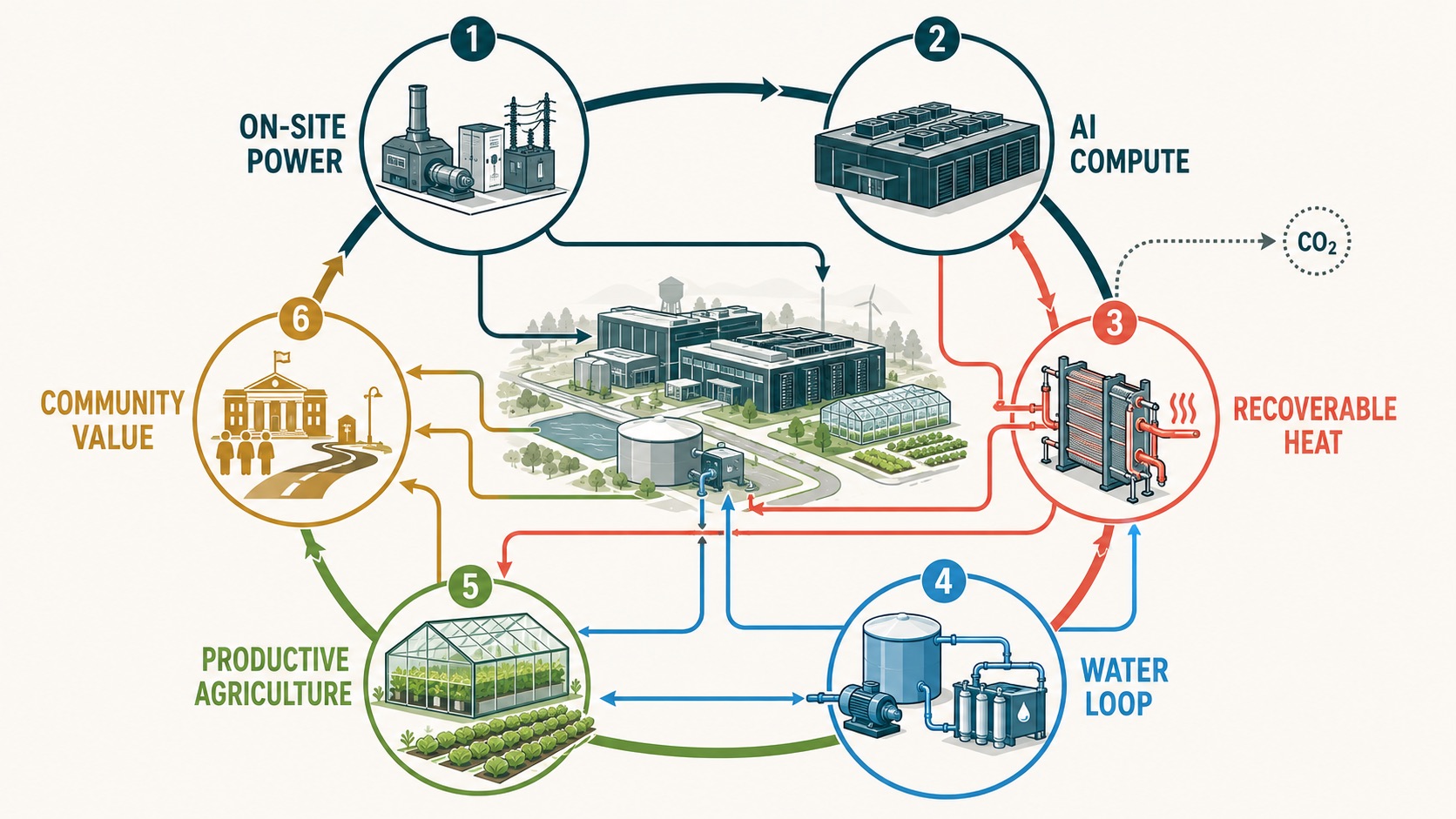 Flow of electricity, recoverable heat, water and local value across a campus