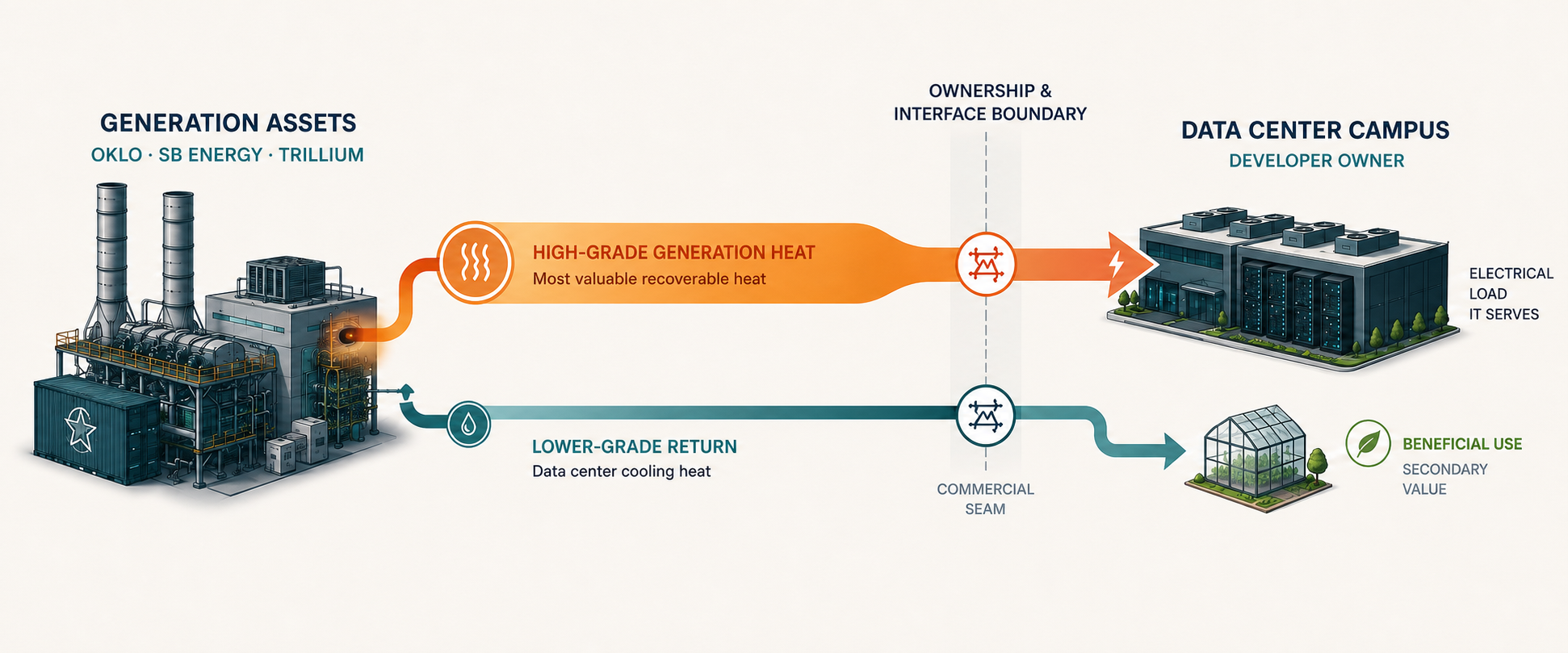 Generation assets and their thermal streams crossing an interface boundary toward campus loads and beneficial use